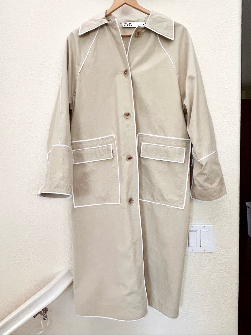 Zara Oversized Contrast Trench Coat Beige Piping Special Edition Sz XS Fits M/L - Picture 8 of 16
